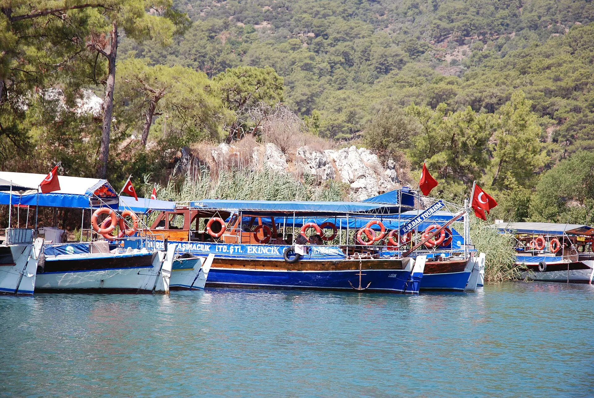 Colourful tour boats moored on the Dalyan riverfront