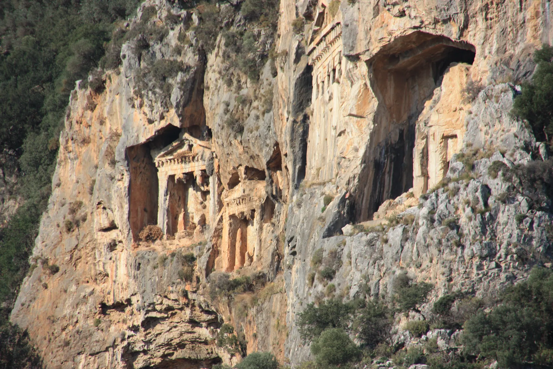 Close-up of the temple-fronted Lycian rock tombs in Dalyan