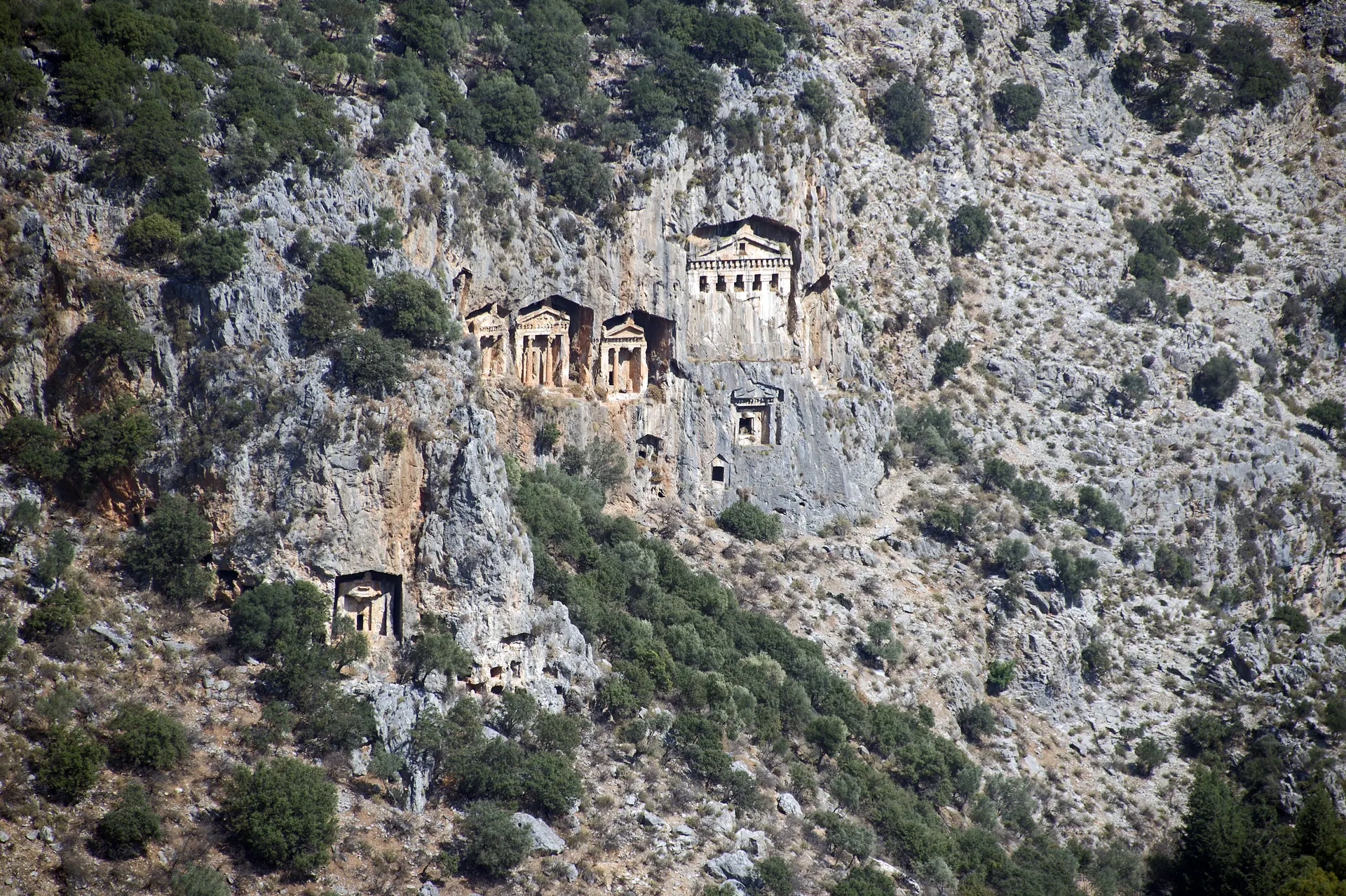 The Lycian rock tombs of Kaunos carved into the cliff above the Dalyan River